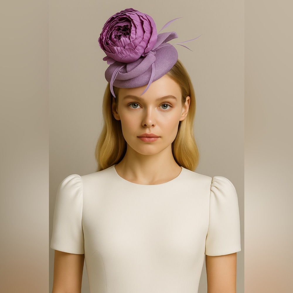 Elegant New Blushing Purple Peony Perch Lavender Sinamay Fascinator Derby Hat